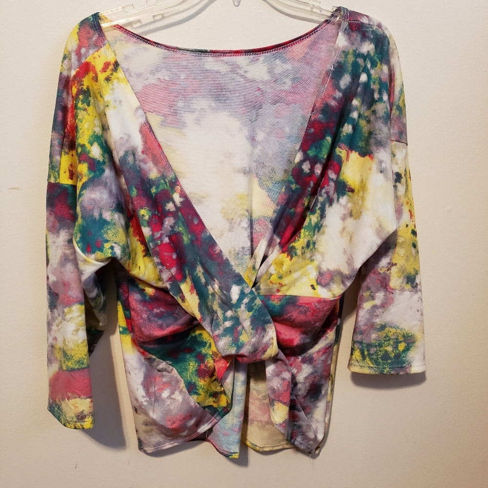 Watercolor twisted front multi colored cropped blouse